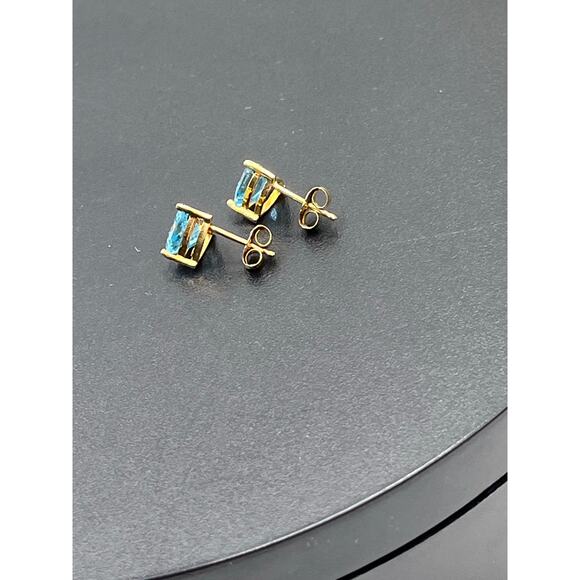 Designer Signed 14k Yellow Gold Trillion Cut Blue Topaz Stud MEXICO Dec Earrings - Picture 7 of 10